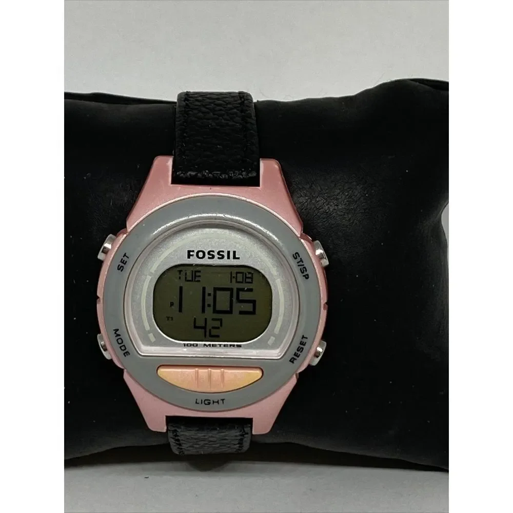Fossil DQ1166 Women's Black Leather Digital Gray Dial Quartz Genuine Watch LJ311